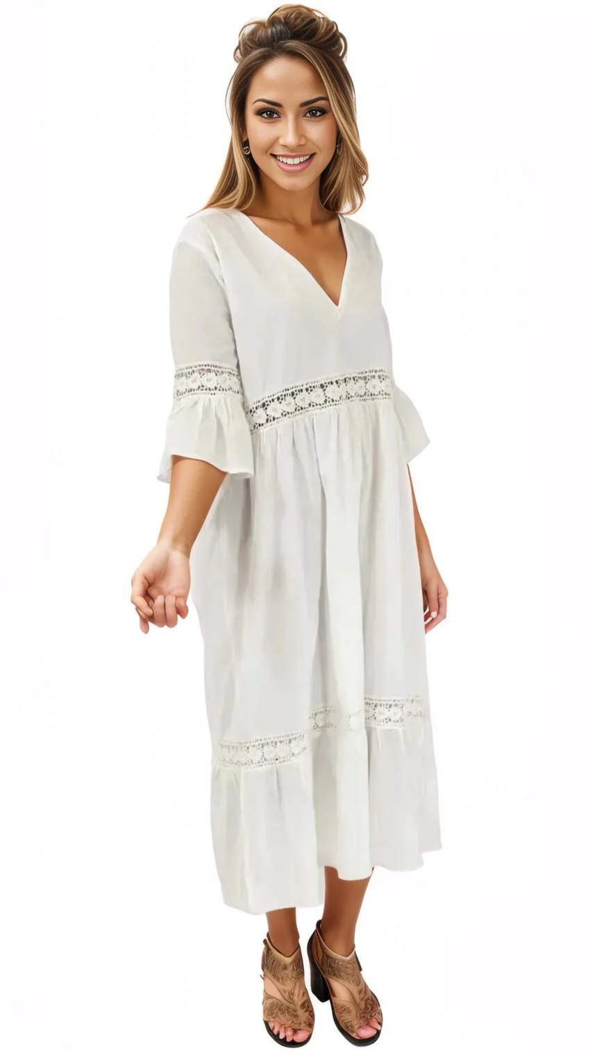 3/4 Sleeve Cotton Dress - White