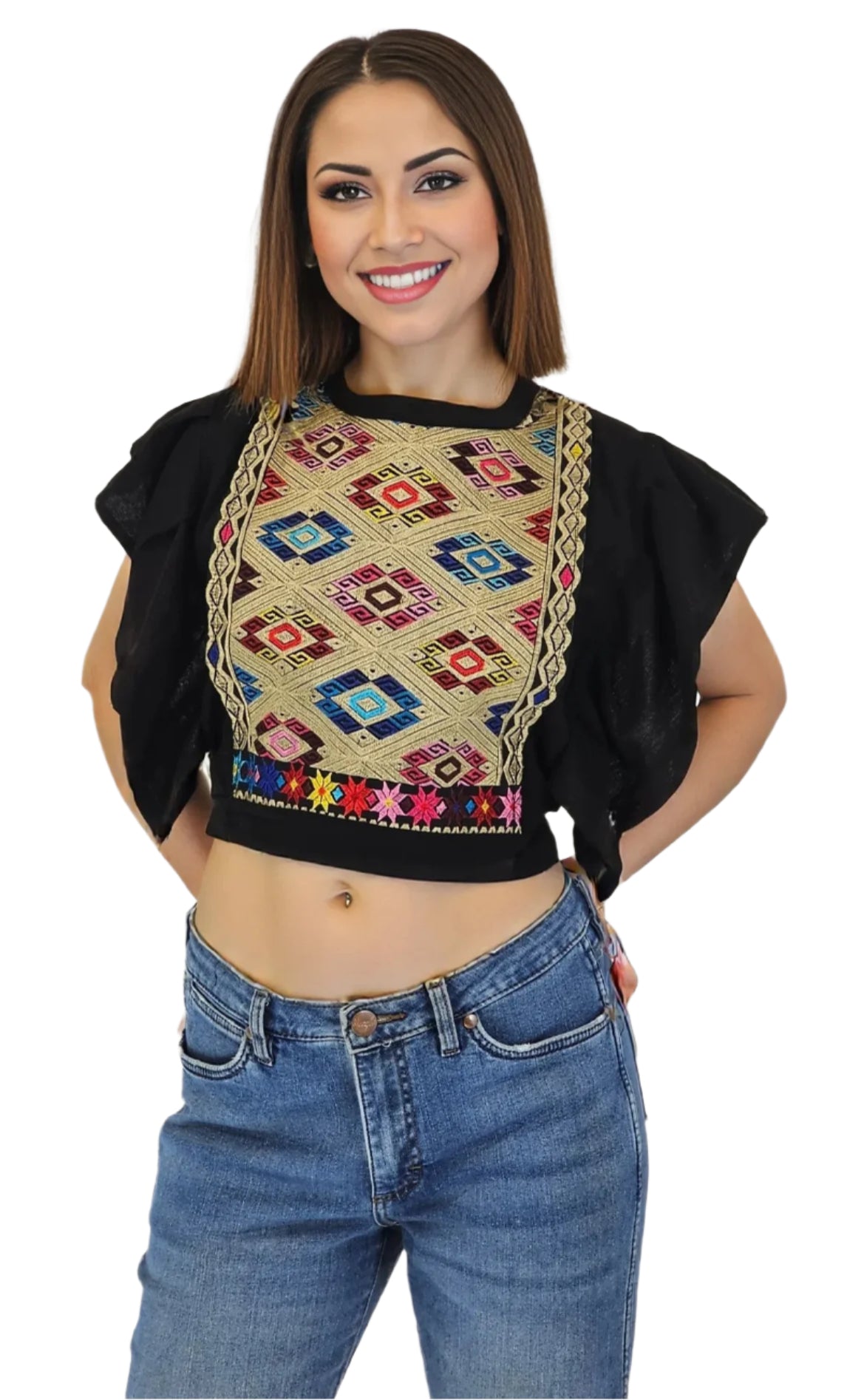 Black Ruffled Sleeve with Mexican Embroidered Chest & Adjustable Bow – Elegant & Feminine - Tenku Designs