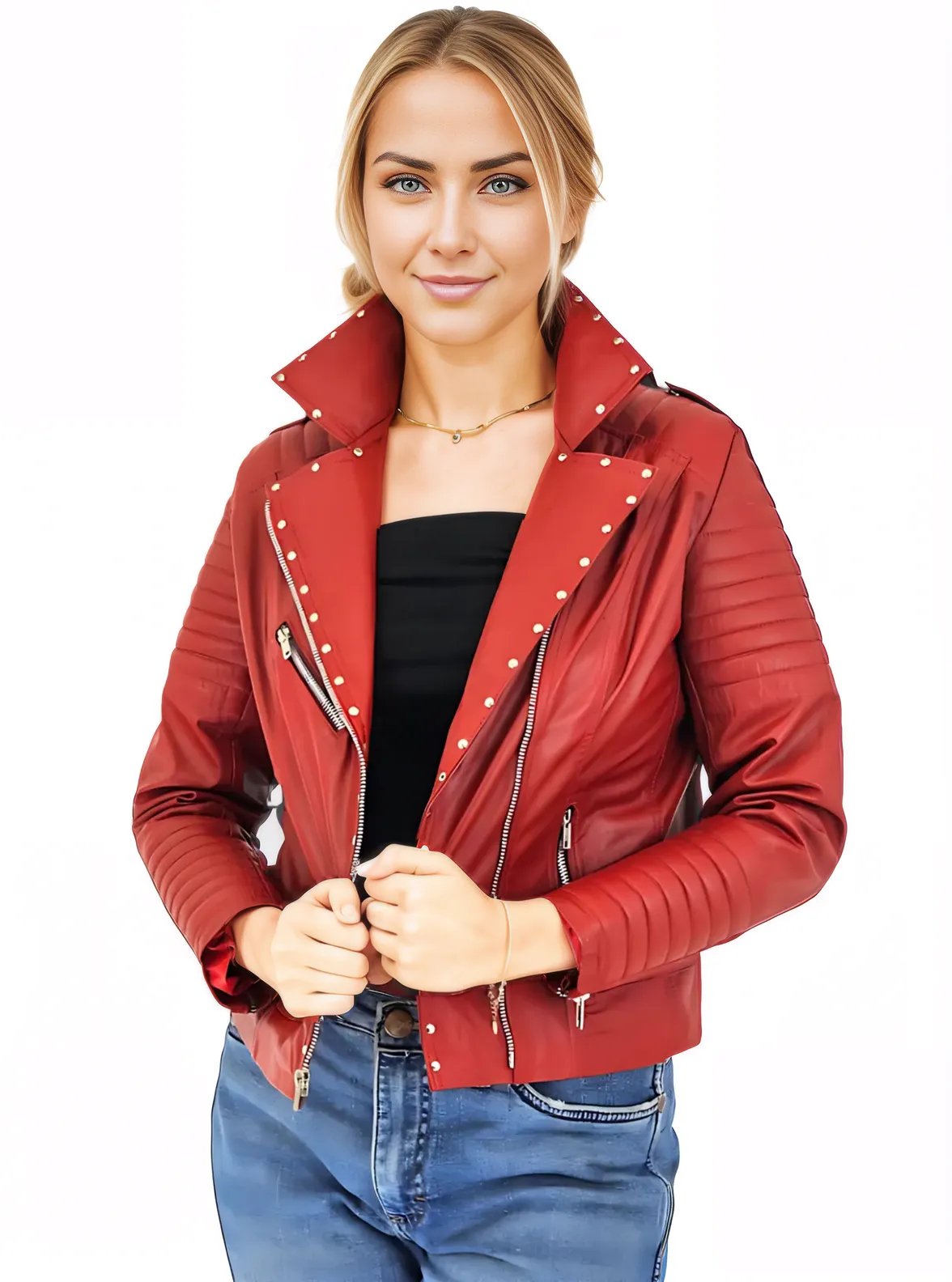 Handcrafted Women's Sheepskin Leather Biker Jacket – Premium Biker Style Red - Tenku Designs