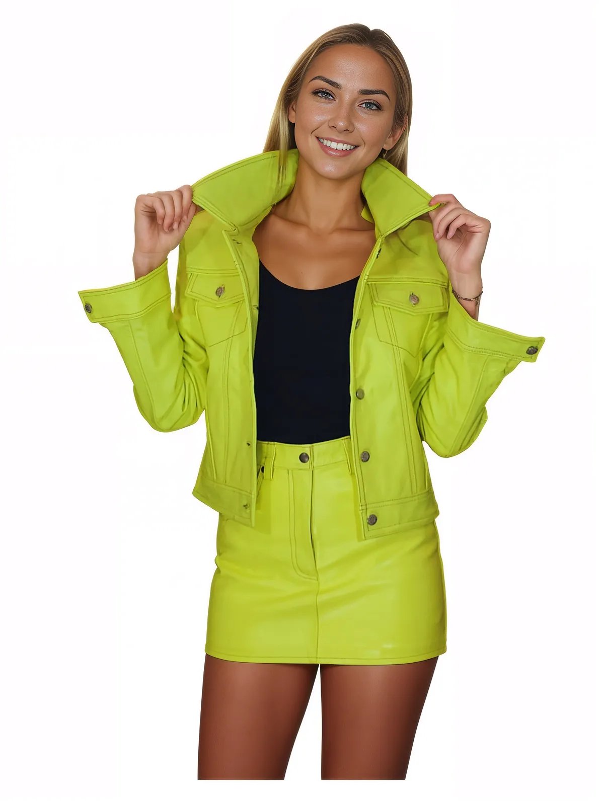 Handcrafted Women's Sheepskin Leather Trucker Jacket – Premium Style Lime Green - Tenku Designs