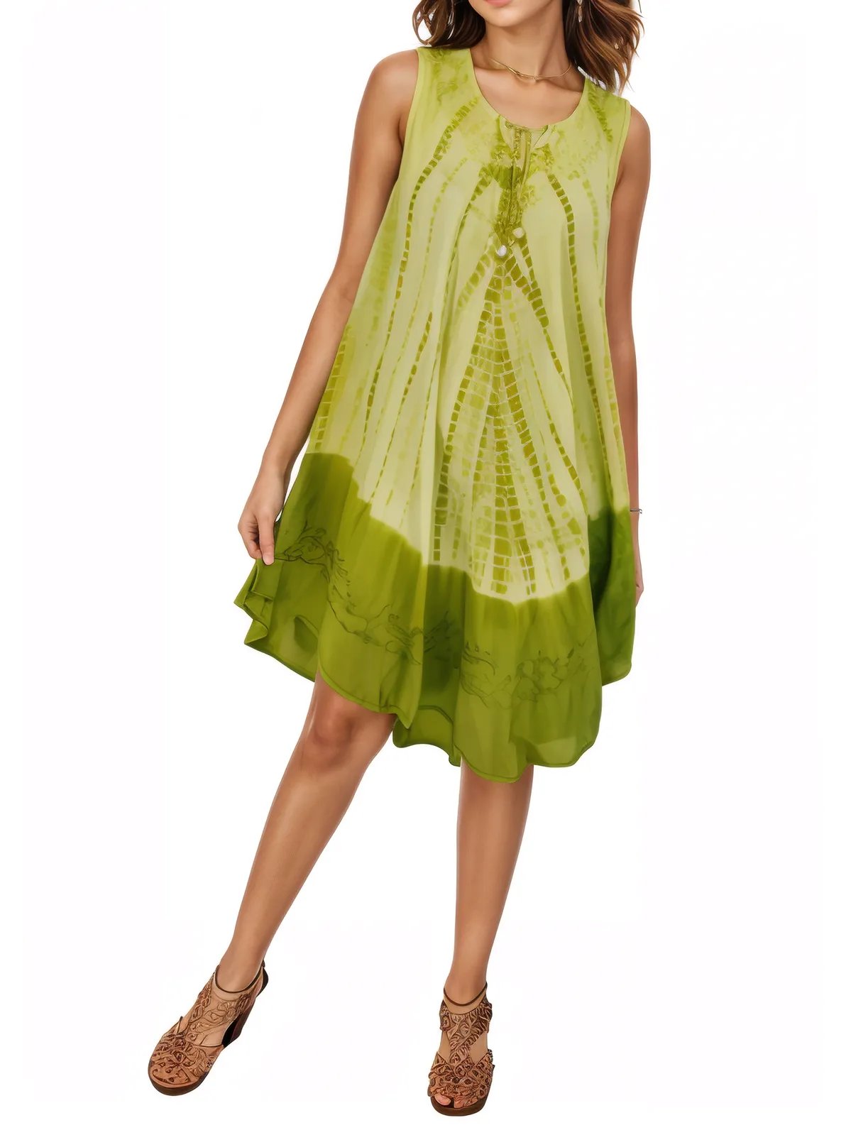 Lime Green Tie - Dye Sleeveless Boho Dress – Lightweight & Embroidered | Tenku Designs - Tenku Designs