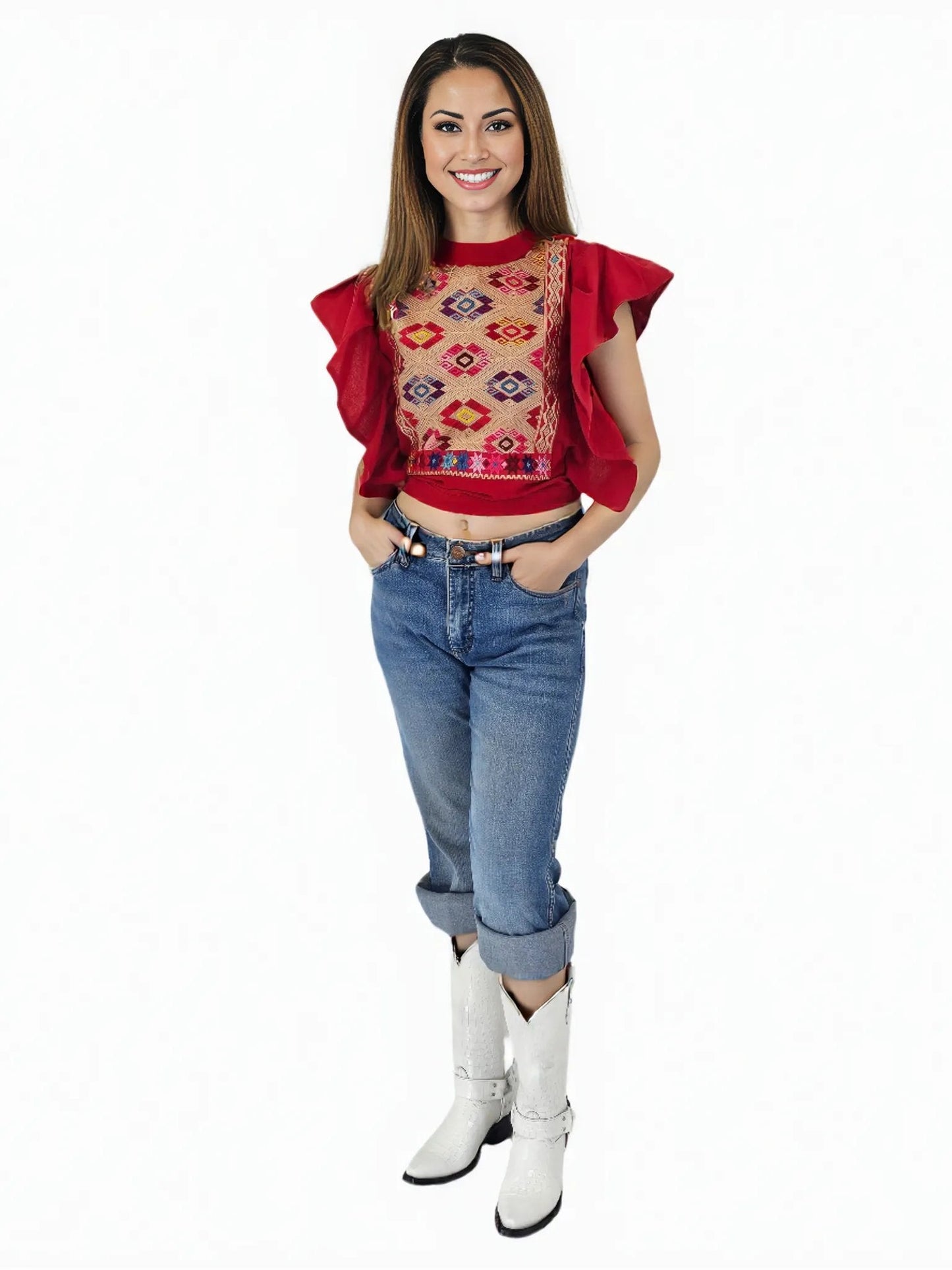 Red Ruffled Sleeve with Mexican Embroidered Chest & Adjustable Bow – Elegant & Feminine - Tenku Designs