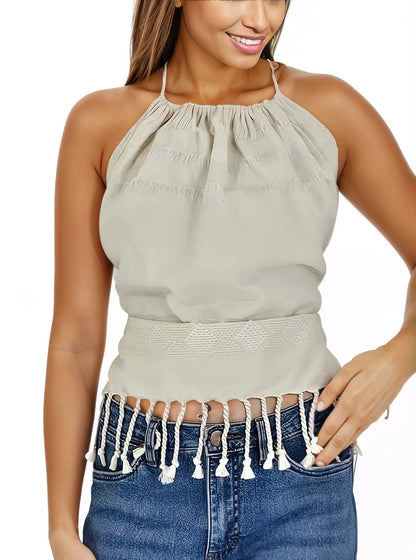 100% Cotton Backstrap Loom Backless Halter Top – Handwoven with Raw Natural Thread | Sustainable Fashion Raw Off - White - Tenku Designs