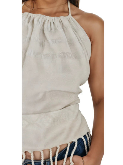100% Cotton Backstrap Loom Backless Halter Top – Handwoven with Raw Natural Thread | Sustainable Fashion Raw Off - White - Tenku Designs