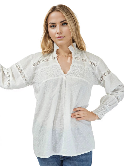 100% Cotton White Embroidered Blouse - Tenku Designs