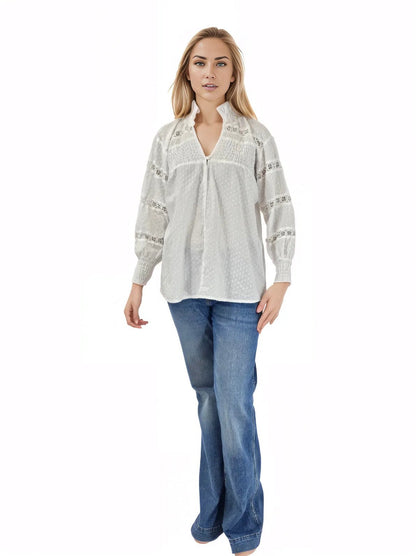 100% Cotton White Embroidered Blouse - Tenku Designs