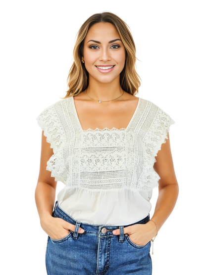Lace Detail 100% Cotton White Blouse