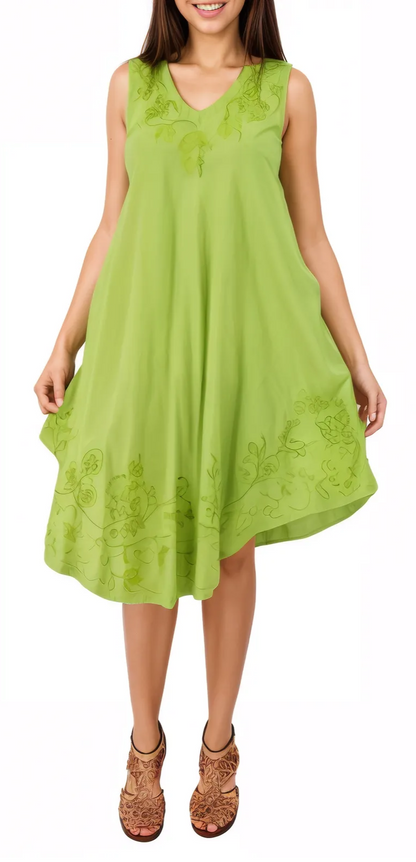 Antiqued Lime Green Boho Short Sleeve Flowy Dress – Loose Fit Tenku Designs