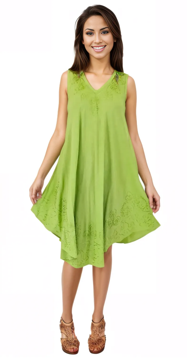 Antiqued Lime Green Boho Short Sleeve Flowy Dress – Loose Fit Tenku Designs