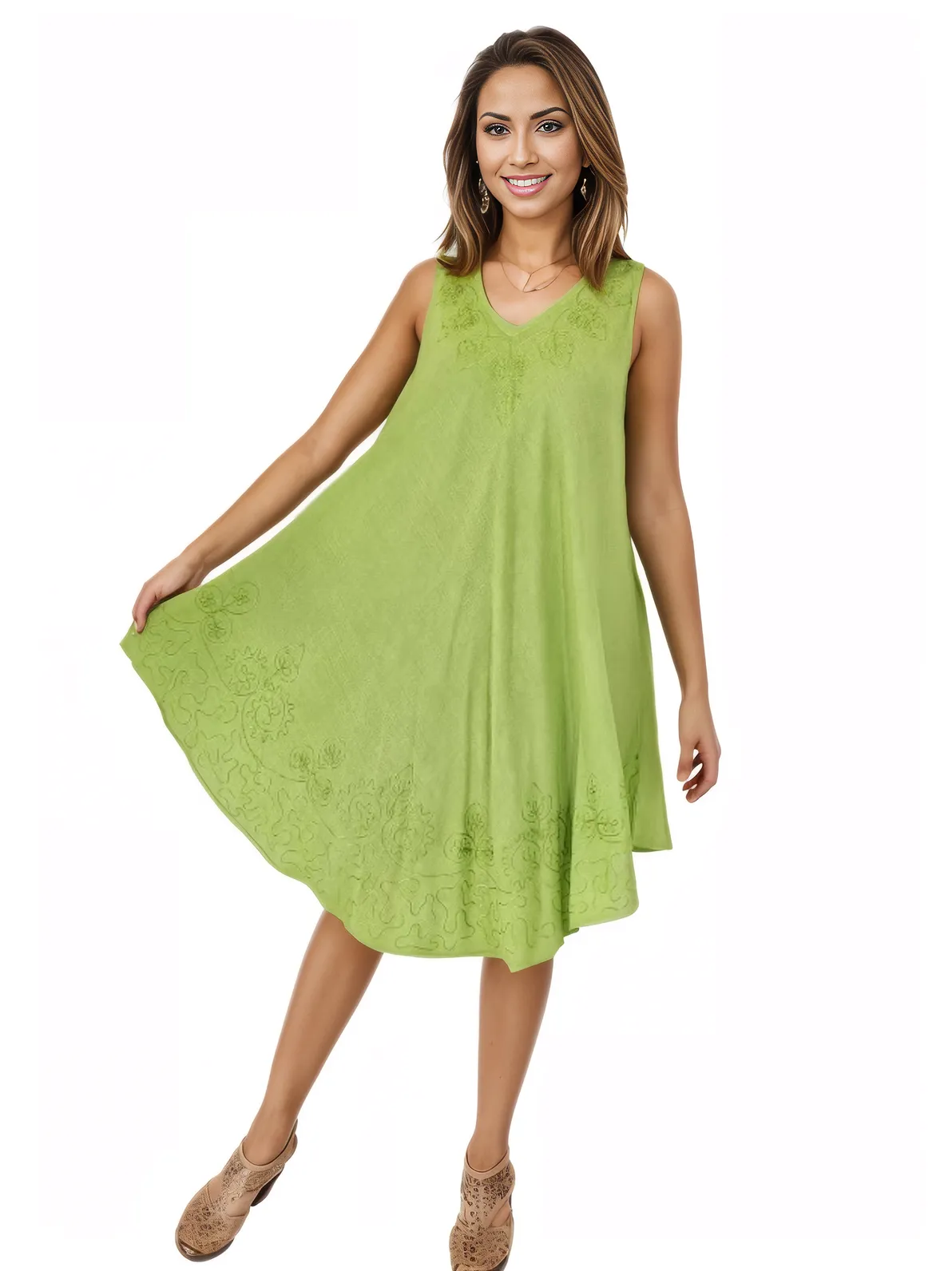 Antiqued Lime Green Boho Short Sleeve Flowy Dress – Loose Fit Tenku Designs