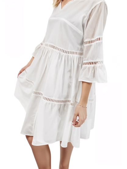 Lace detail V neck Dress 100% Cotton White