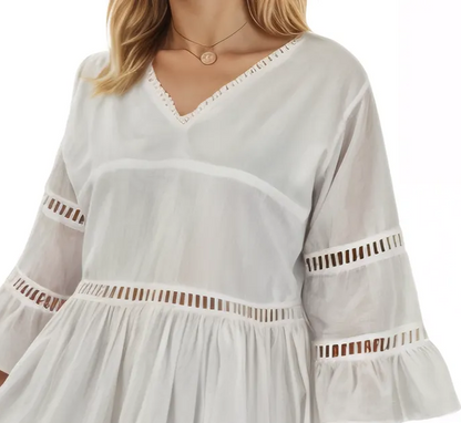 Lace detail V neck Dress 100% Cotton White