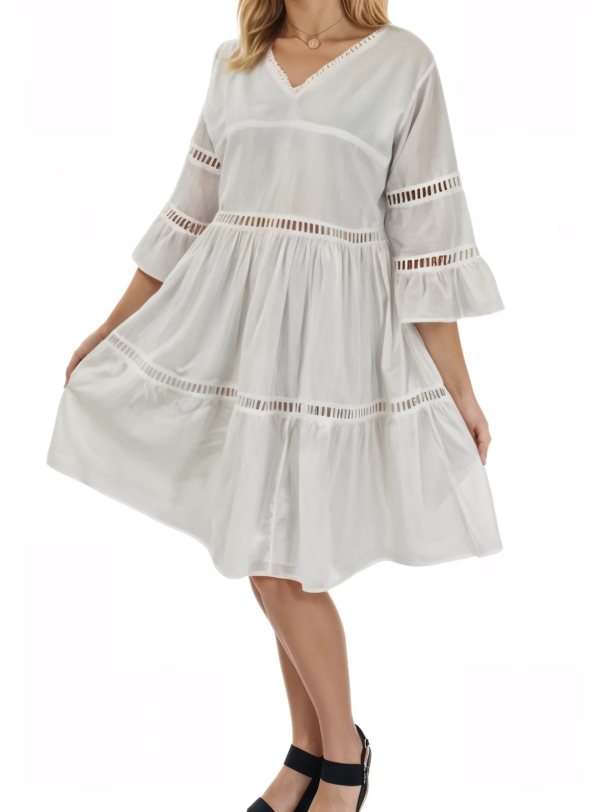 Lace detail V neck Dress 100% Cotton White