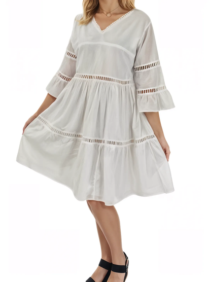 Lace detail V neck Dress 100% Cotton White