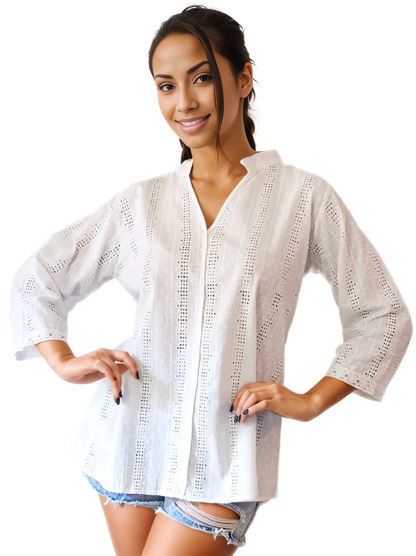 3/4 Sleeve 100% Cotton White Blouse