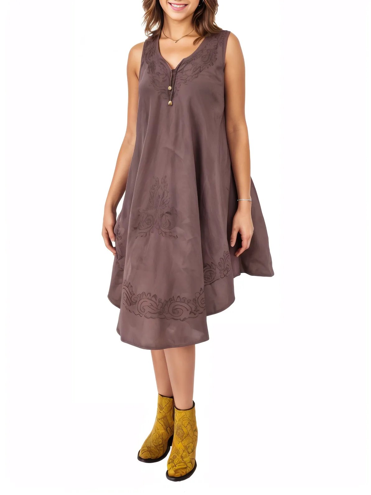 Antiqued Brown Boho Flowy Dress – Loose Fit Tenku Designs - Tenku Designs