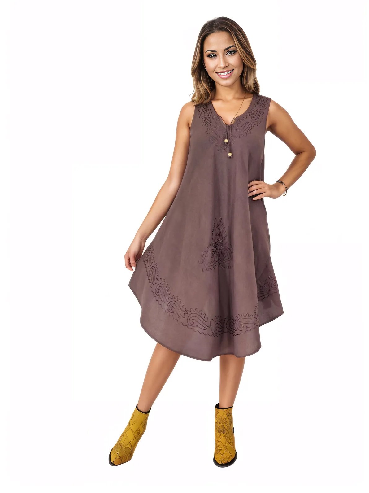 Antiqued Brown Boho Flowy Dress – Loose Fit Tenku Designs - Tenku Designs