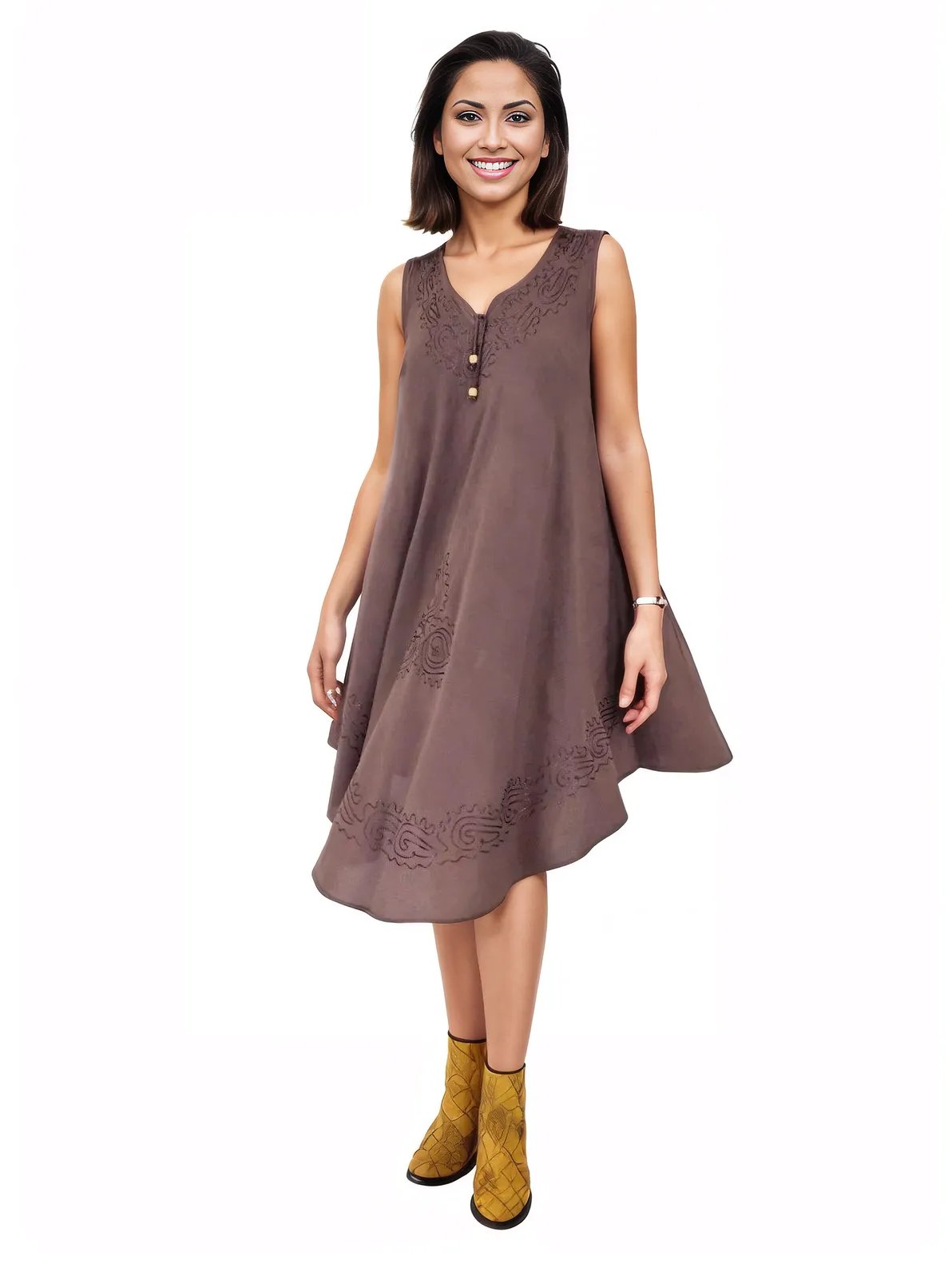 Antiqued Brown Boho Flowy Dress – Loose Fit Tenku Designs - Tenku Designs