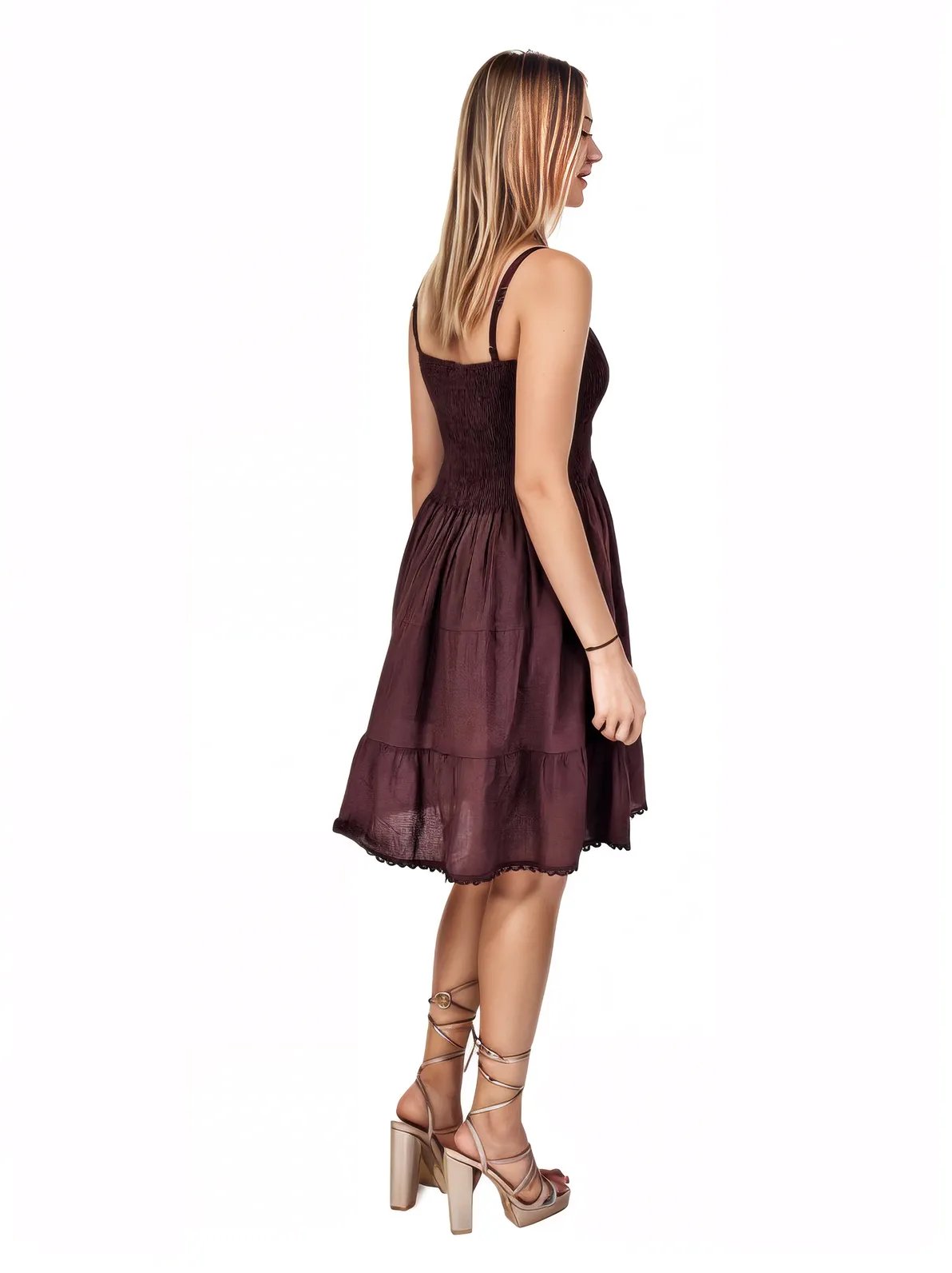 Antiqued Brown Cotton Spaghetti Strap Dress – Smocked Fit | Tenku Designs - Tenku Designs