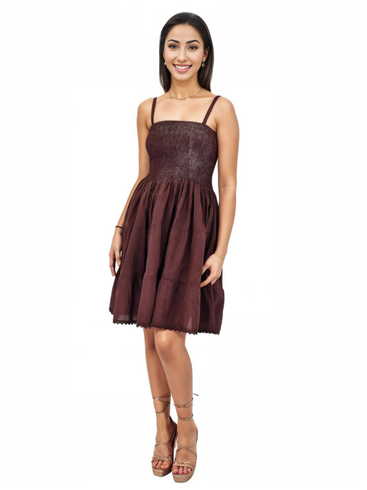Antiqued Brown Cotton Spaghetti Strap Dress – Smocked Fit | Tenku Designs - Tenku Designs