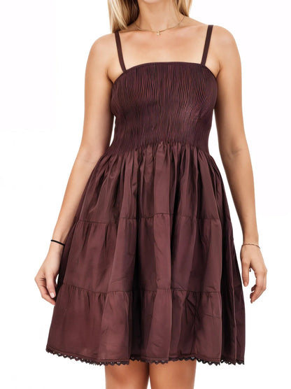 Antiqued Brown Cotton Spaghetti Strap Dress – Smocked Fit | Tenku Designs - Tenku Designs