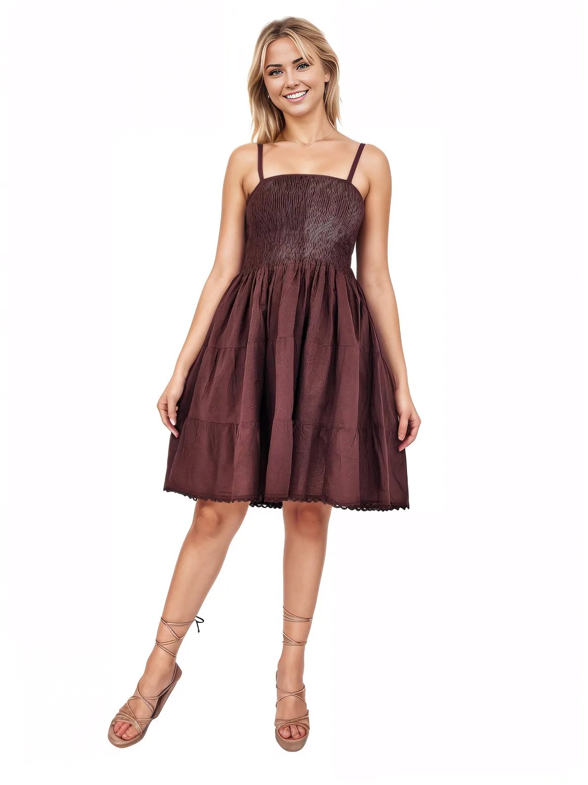 Antiqued Brown Cotton Spaghetti Strap Dress – Smocked Fit | Tenku Designs - Tenku Designs