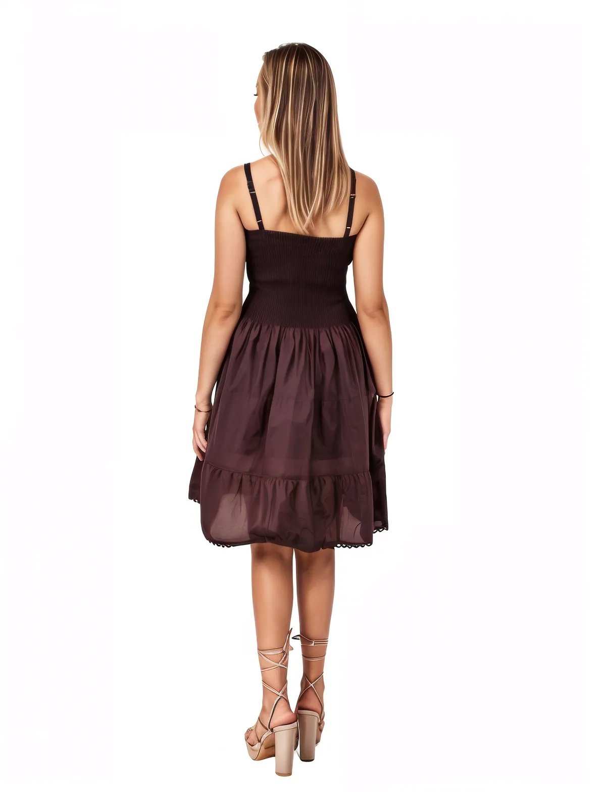 Antiqued Brown Cotton Spaghetti Strap Dress – Smocked Fit | Tenku Designs - Tenku Designs