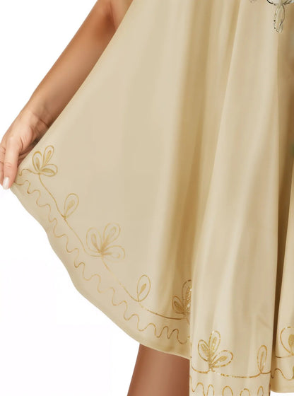 Antiqued Yellow Boho Short Sleeve Flowy Dress – Loose Fit| Tenku Designs - Tenku Designs