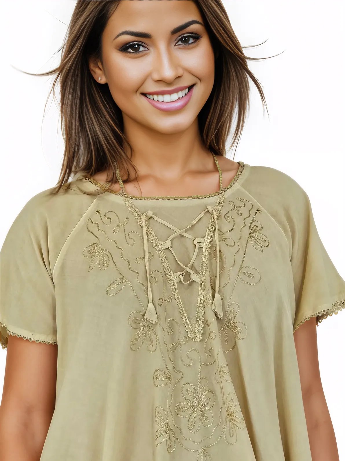 Antiqued Yellow Boho Short Sleeve Flowy Dress – Loose Fit| Tenku Designs - Tenku Designs