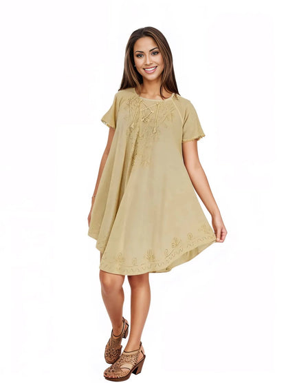 Antiqued Yellow Boho Short Sleeve Flowy Dress – Loose Fit| Tenku Designs - Tenku Designs