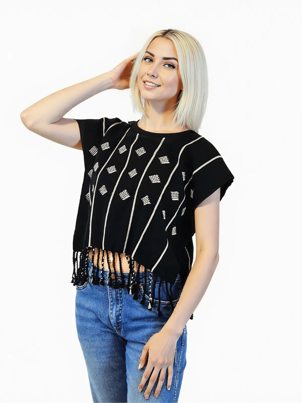 Authentic Handwoven Backstrap Loom Top with Brocade – Artisan - Made Blouse Black - Tenku Designs