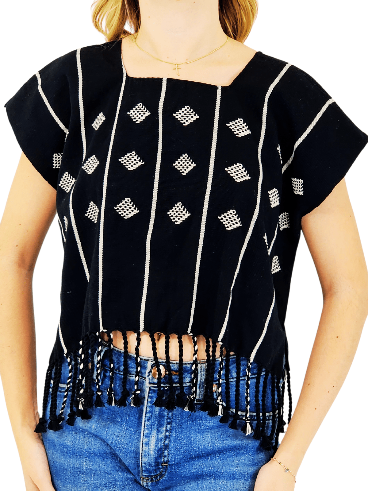 Authentic Handwoven Backstrap Loom Top with Brocade – Artisan - Made Blouse Black - Tenku Designs