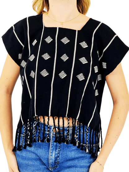 Authentic Handwoven Backstrap Loom Top with Brocade – Artisan - Made Blouse Black - Tenku Designs