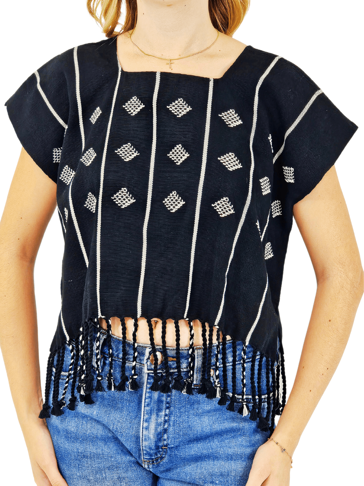 Authentic Handwoven Backstrap Loom Top with Brocade – Artisan - Made Blouse Black - Tenku Designs