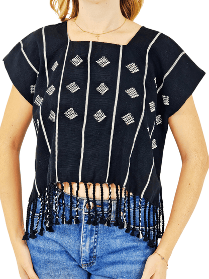 Authentic Handwoven Backstrap Loom Top with Brocade – Artisan - Made Blouse Black - Tenku Designs