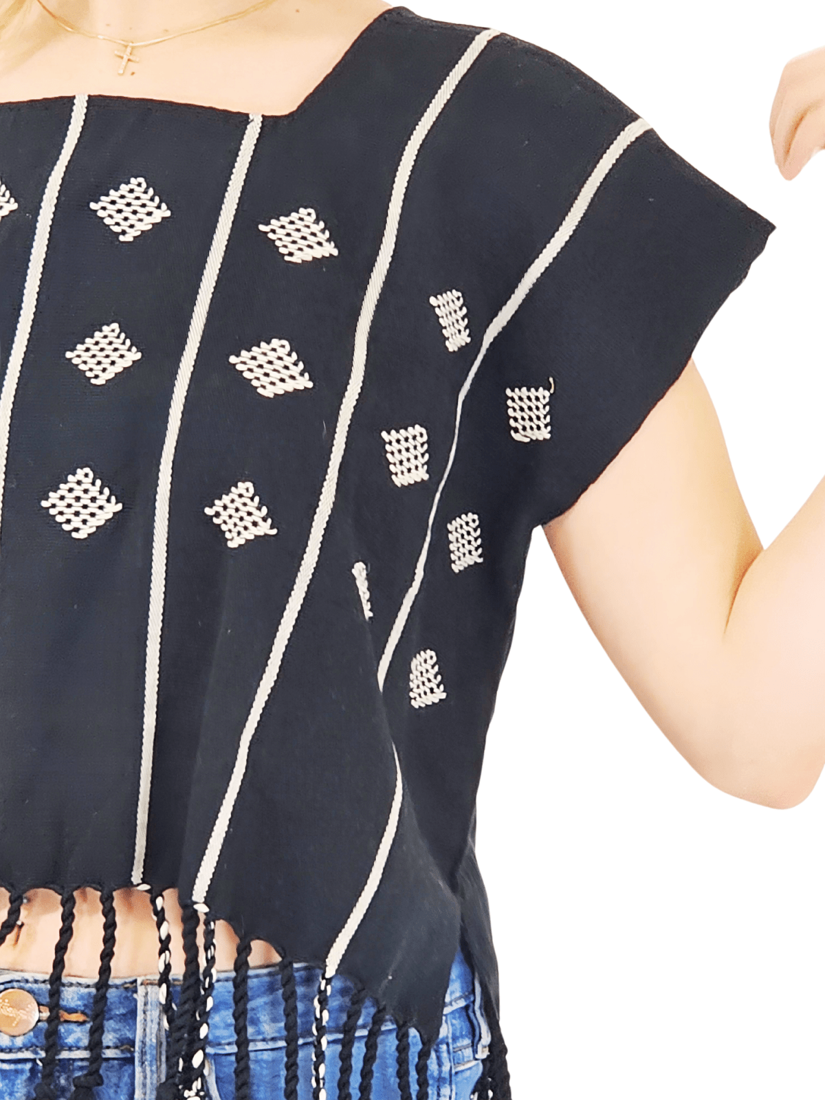 Authentic Handwoven Backstrap Loom Top with Brocade – Artisan - Made Blouse Black - Tenku Designs