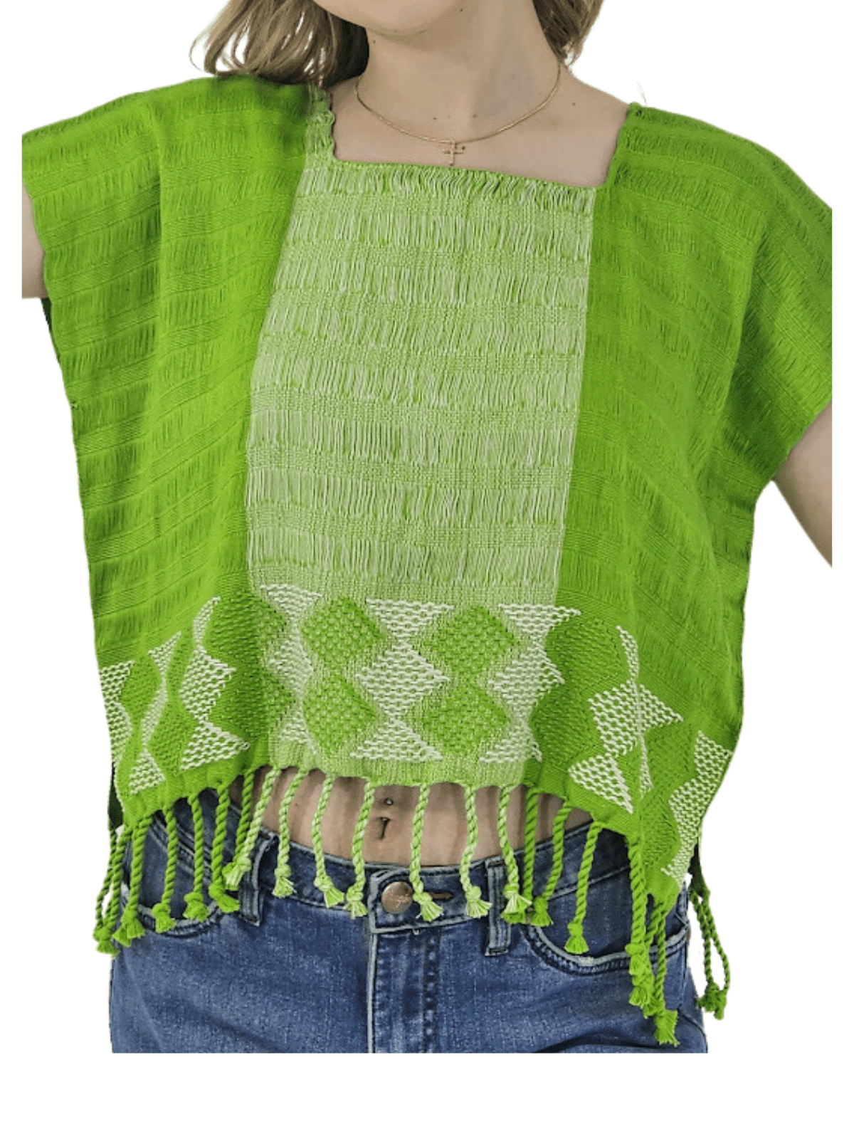 Authentic Handwoven Backstrap Loom Top with Brocade – Artisan - Made Blouse Lime Green - Tenku Designs