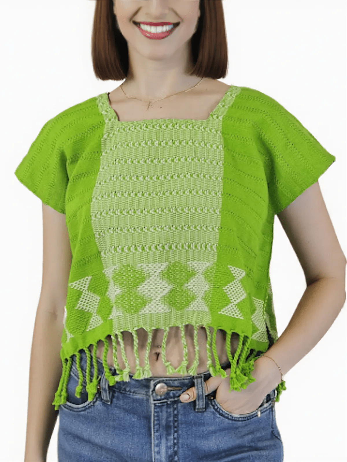 Authentic Handwoven Backstrap Loom Top with Brocade – Artisan - Made Blouse Lime Green - Tenku Designs