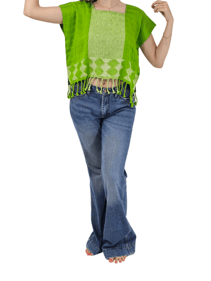 Authentic Handwoven Backstrap Loom Top with Brocade – Artisan - Made Blouse Lime Green - Tenku Designs