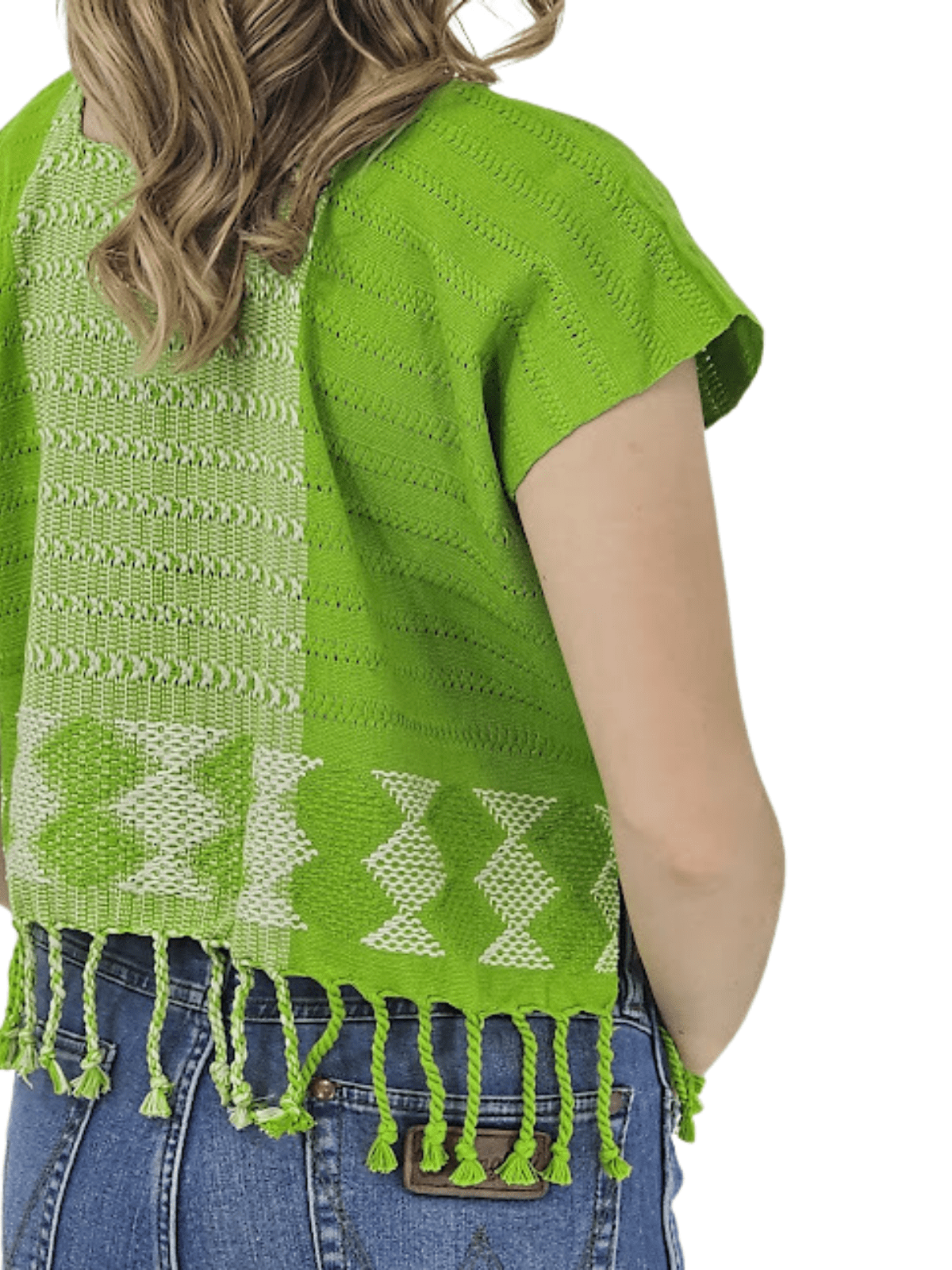 Authentic Handwoven Backstrap Loom Top with Brocade – Artisan - Made Blouse Lime Green - Tenku Designs