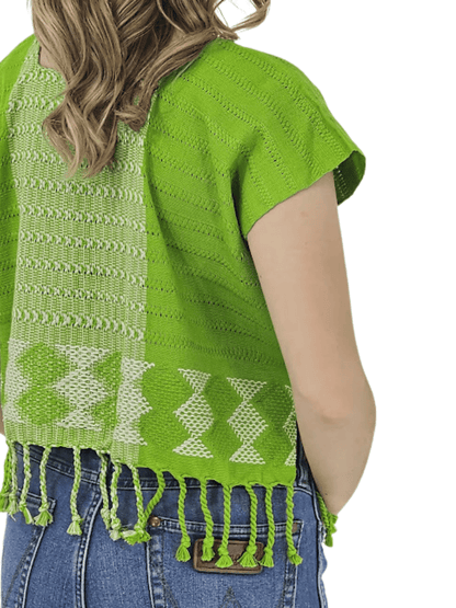 Authentic Handwoven Backstrap Loom Top with Brocade – Artisan - Made Blouse Lime Green - Tenku Designs