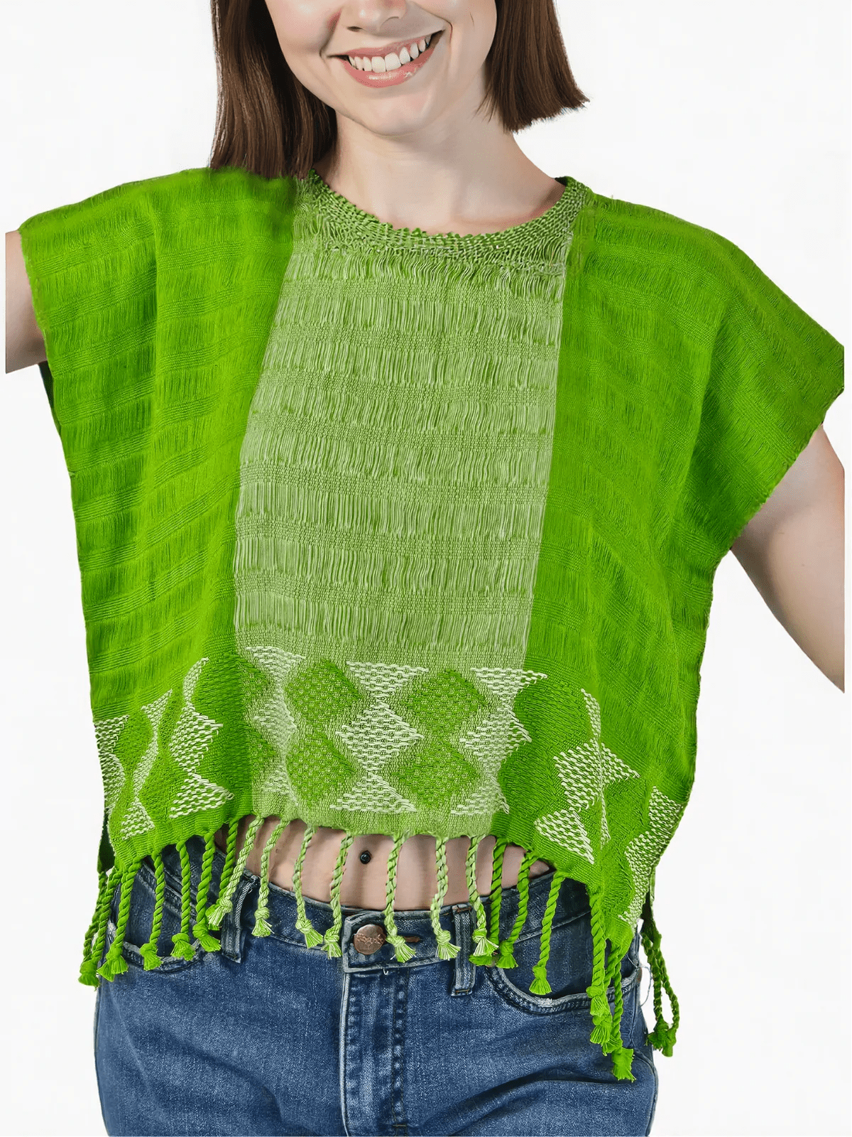Authentic Handwoven Backstrap Loom Top with Brocade – Artisan - Made Blouse Lime Green - Tenku Designs