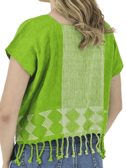 Authentic Handwoven Backstrap Loom Top with Brocade – Artisan - Made Blouse Lime Green - Tenku Designs