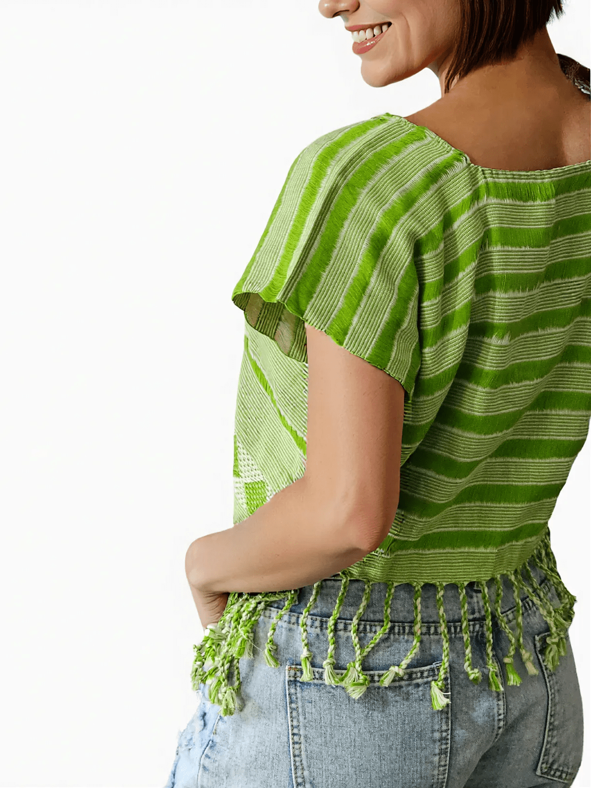 Authentic Handwoven Backstrap Loom Top with Brocade – Artisan - Made Blouse Lime Green Lines - Tenku Designs