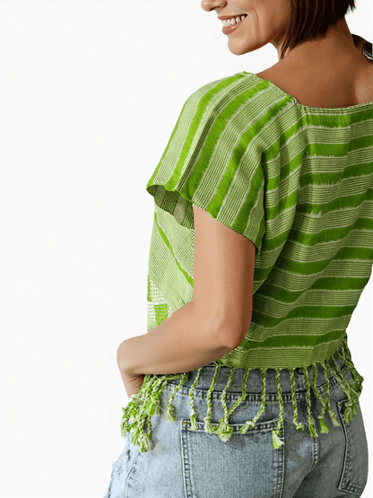 Authentic Handwoven Backstrap Loom Top with Brocade – Artisan - Made Blouse Lime Green Lines - Tenku Designs