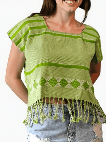 Authentic Handwoven Backstrap Loom Top with Brocade – Artisan - Made Blouse Lime Green Lines - Tenku Designs