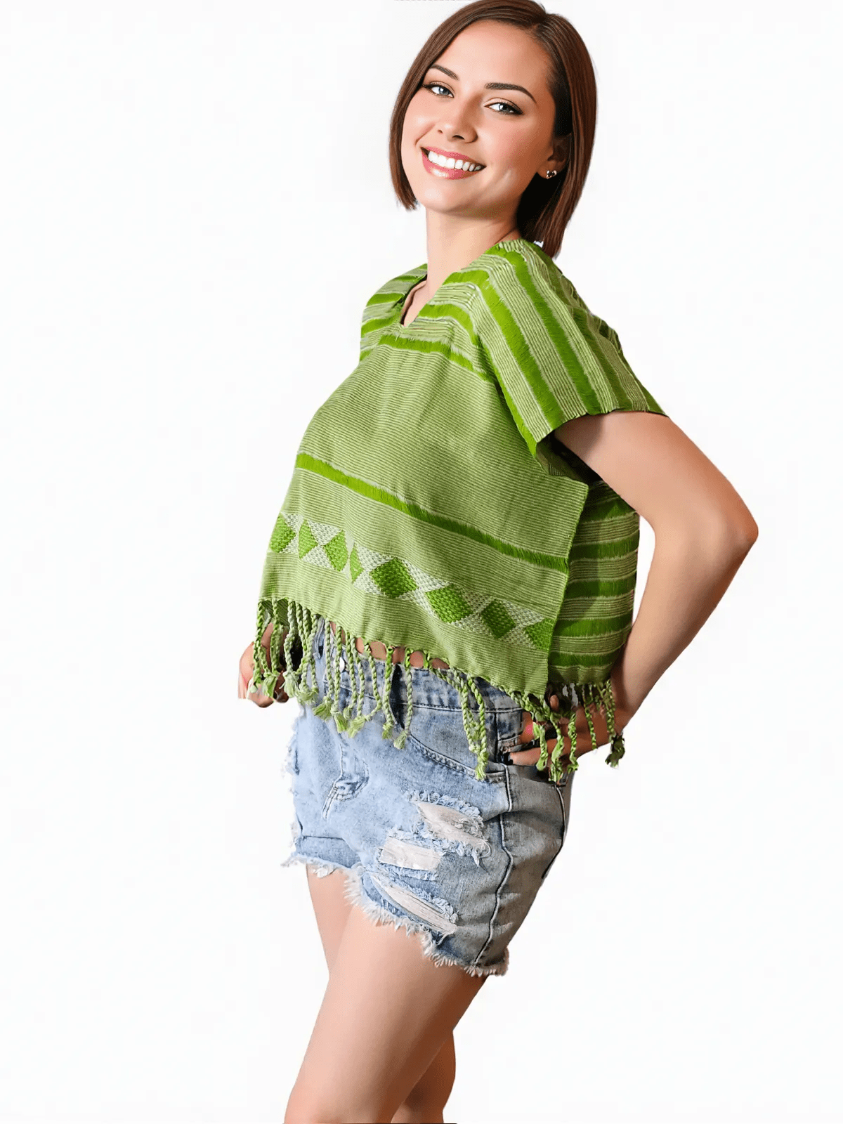 Authentic Handwoven Backstrap Loom Top with Brocade – Artisan - Made Blouse Lime Green Lines - Tenku Designs