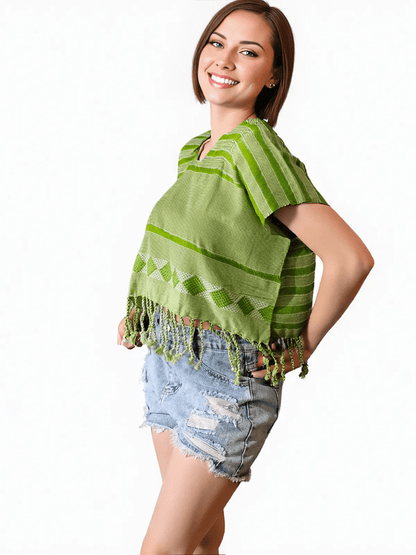 Authentic Handwoven Backstrap Loom Top with Brocade – Artisan - Made Blouse Lime Green Lines - Tenku Designs
