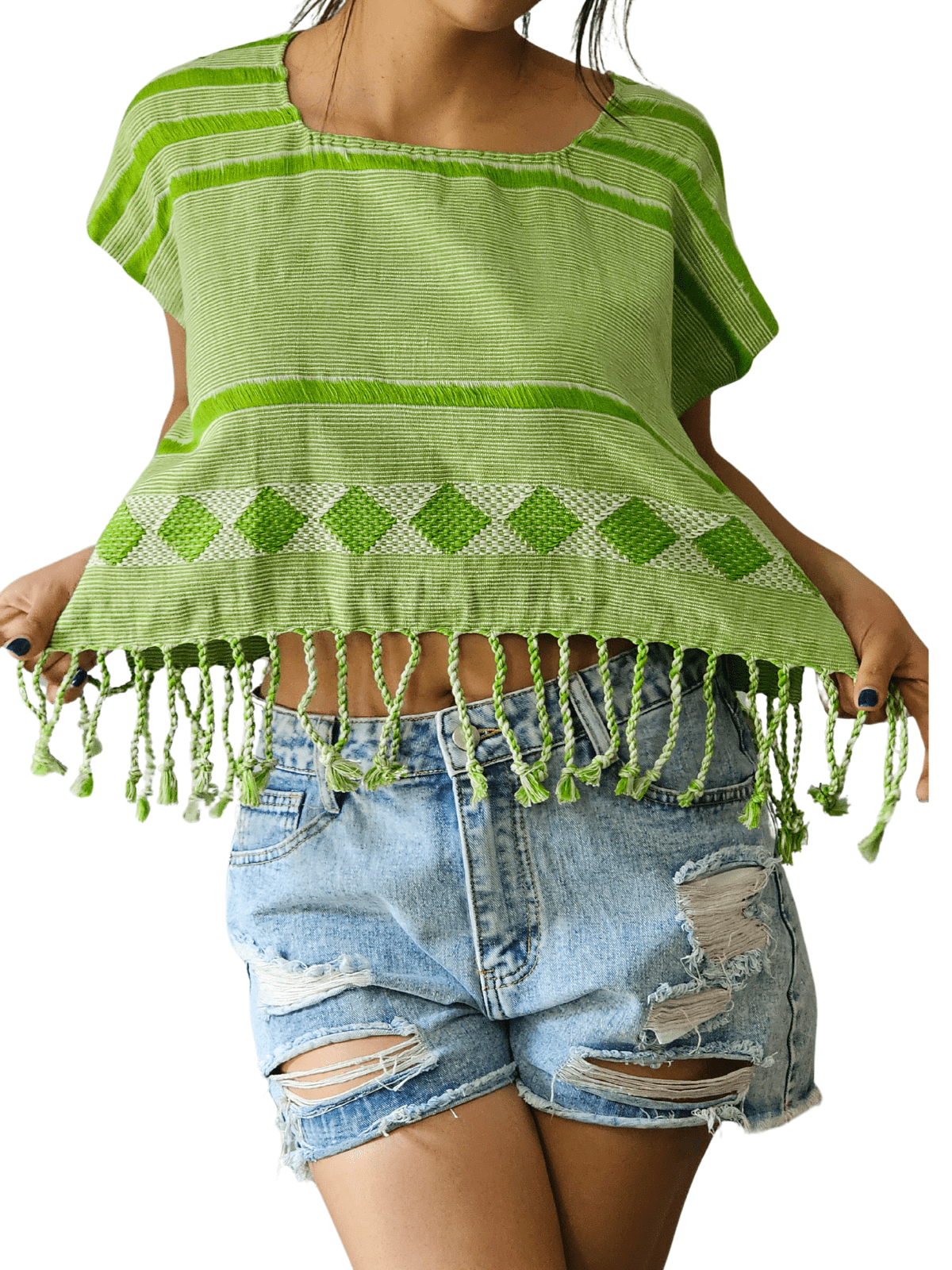 Authentic Handwoven Backstrap Loom Top with Brocade – Artisan - Made Blouse Lime Green Lines - Tenku Designs