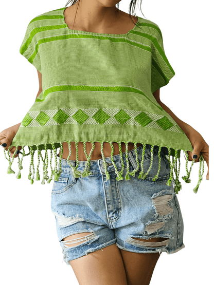 Authentic Handwoven Backstrap Loom Top with Brocade – Artisan - Made Blouse Lime Green Lines - Tenku Designs